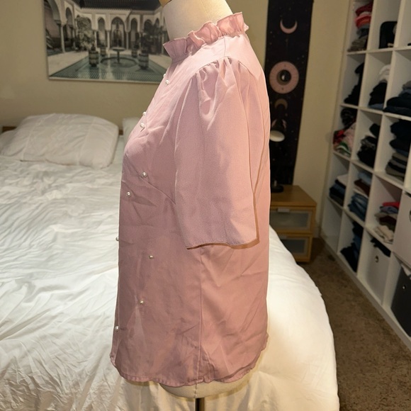 SHEIN | High Ruffle Collar Keyhole Back Short Sleeve Pearl Embellished Blouse - Picture 2 of 13